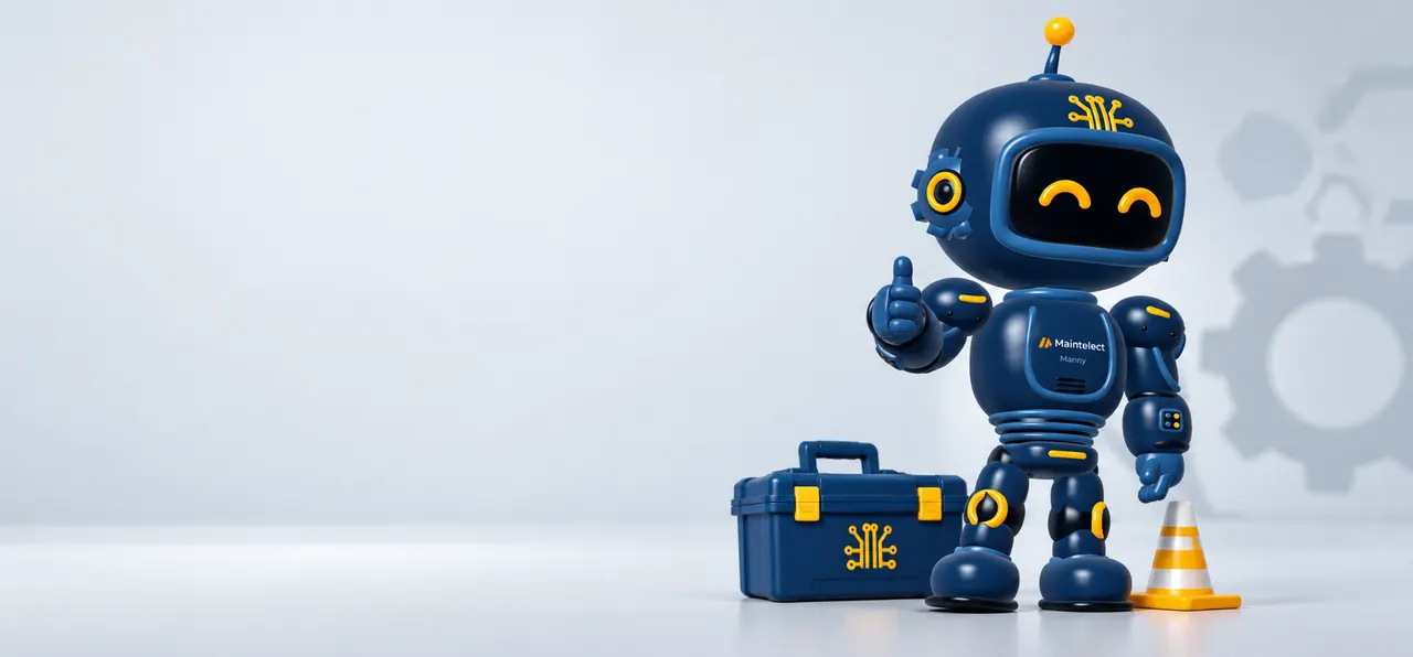 Manny, the Maintelect maintenance robot, with a toolbox and a thumbs up